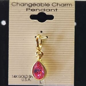 VTG 14K Gold Shield USA Changeable Charm pendant- Pink Tear Drop Shape Crystal